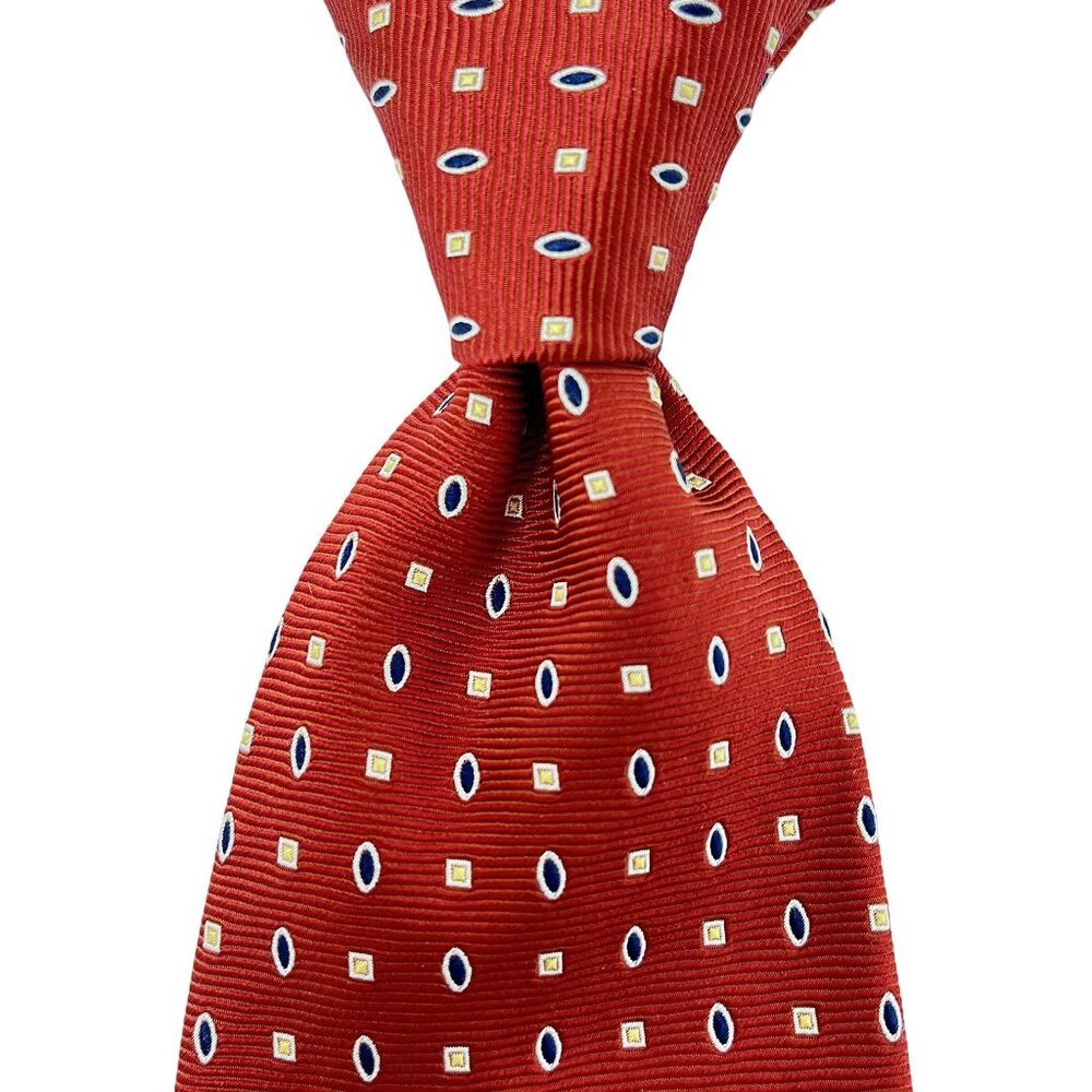 Ermenegildo Zegna Red Silk Tie With Navy Oval & Yellow Square Pattern Geometric